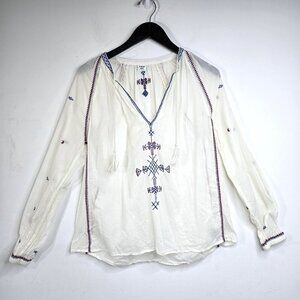 Aritzia Sunday Best White Blue Embroidered Navajo Tribal Long Sleeve Boho Top